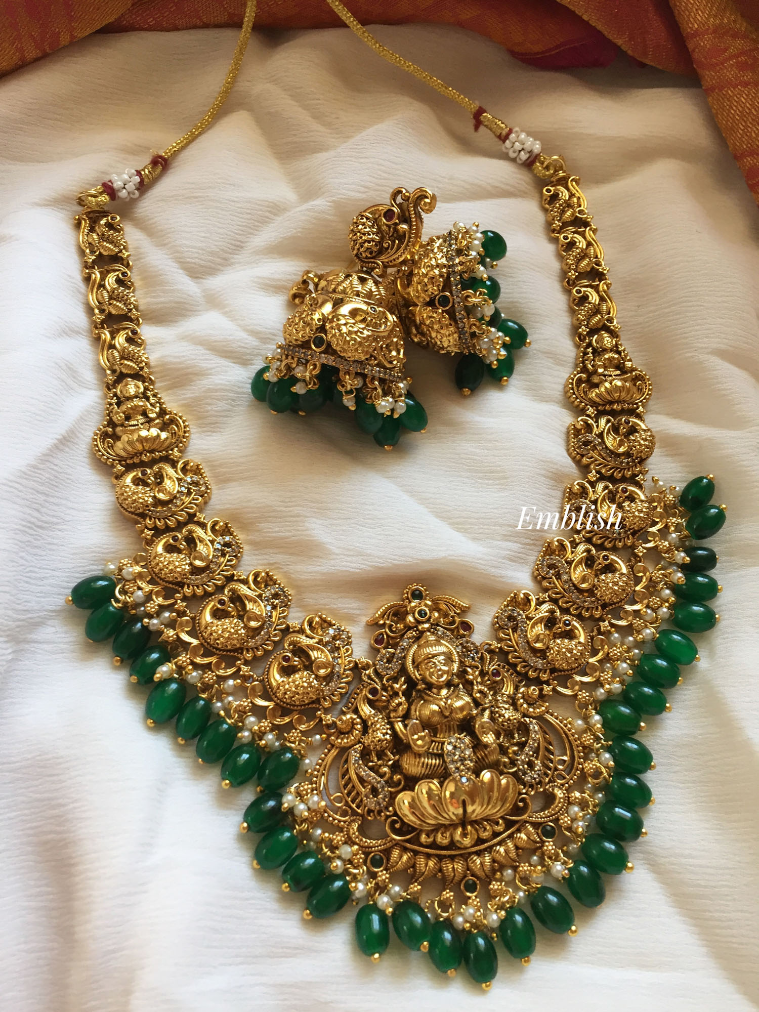Lakshmi with Double Peacock Double Beads Neckpiece - Green Beads